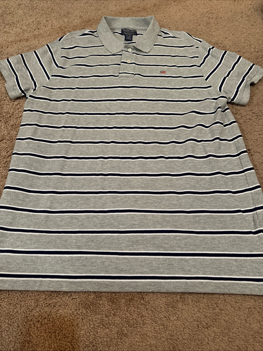 Vintage 90s Polo Jeans Co Ralph Lauren Striped Knit Polo Shirt Gray Navy RL Flag